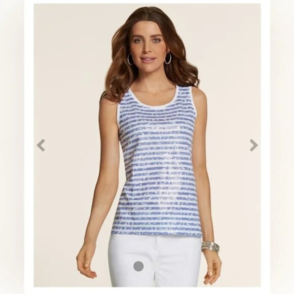 NWT Chico's Weathered Stripe Blue and White Sequined Tank Top Size 2 - Picture 1 of 11